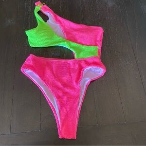Neon Pink Green One Shoulder‎ Cutout Textured 80s High Cut Swimsuit Medium NWOT